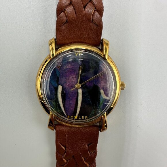 3/$30 Fowler Watch Women Gold Tone Purple Elephant Art Dial Braided Band - Picture 3 of 14